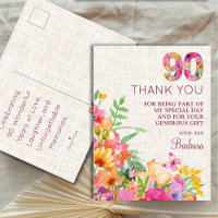 90 Years Flowers Linen 90th Birthday Thank You