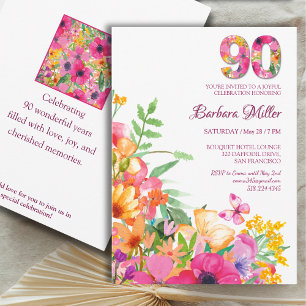 90 Years Flowers - Watercolor 90th Birthday Invitation
