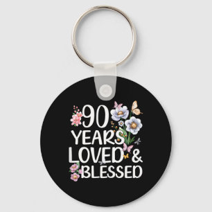 90 Years Loved And Blessed Floral 90th Birthday Keychain