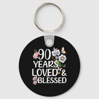 90 Years Loved And Blessed Floral 90th Birthday Keychain
