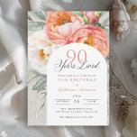 90 Years Loved Feminine Floral 90th Birthday Invitation<br><div class="desc">With elegance and charm, this peach and white watercolor floral birthday invitation celebrates "90 Years Loved". It's a beautiful sentiment to remind the guest of honor just how much they are loved and admired. The lovely invitation features a beautiful bouquet of peach and ivory white watercolor peonies, eucalyptus and trailing...</div>