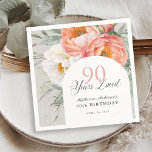 90 Years Loved Feminine Floral 90th Birthday Napkins<br><div class="desc">Beautifully elegant and so charming, this peach and white watercolor floral birthday napkin celebrates "90 Years Loved". It's a sweet sentiment to remind the guest of honor just how much they are loved and admired. The lovely design features a beautiful bouquet of peach and ivory white watercolor peonies, eucalyptus and...</div>