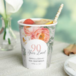 90 Years Loved Feminine Floral 90th Birthday Paper Cups<br><div class="desc">Beautifully elegant and so charming, this peach and white watercolor floral birthday paper cup celebrates "90 Years Loved". It's a sweet sentiment to remind the guest of honor just how much they are loved and admired. The lovely design features a beautiful bouquet of peach and ivory white watercolor peonies, eucalyptus...</div>