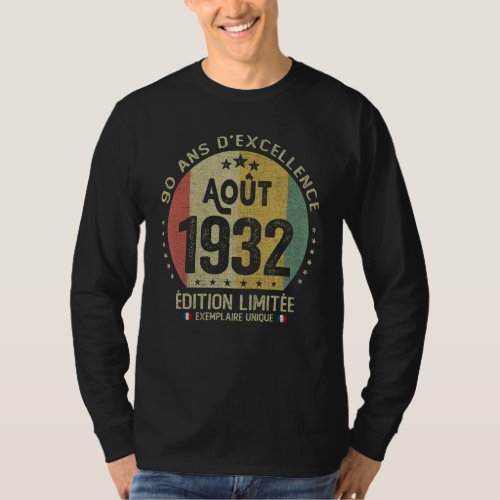 90 Years Old August 1932 French Theme 90th Birthda T_Shirt