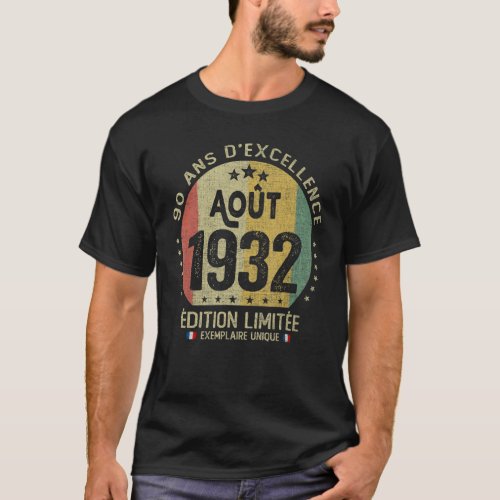 90 Years Old August 1932 French Theme 90th Birthda T_Shirt