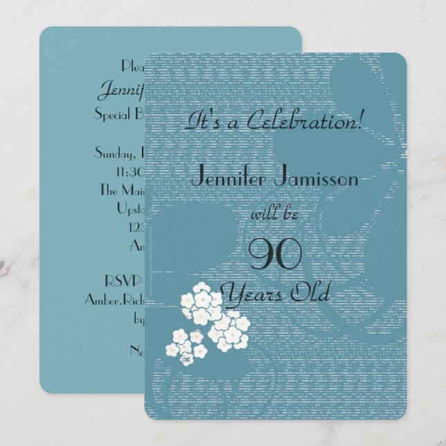 90 Years Old Blue Floral Birthday Party Invitation (Front/Back)