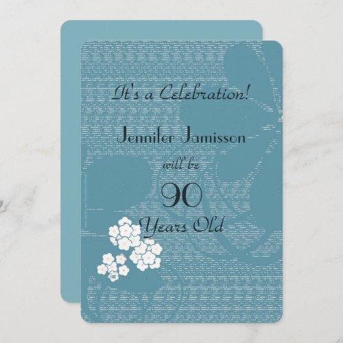 90 Years Old Blue Floral Birthday Party Invitation