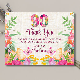 90 Years Thank You - Butterfly Linen 90th Birthday Postcard