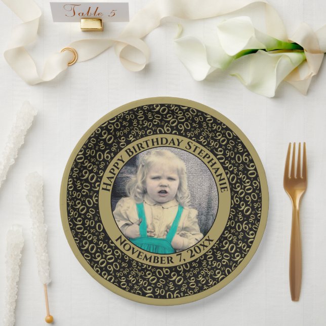 90 Your Photo Random Number Pattern Black/Gold Paper Plates (Wedding)