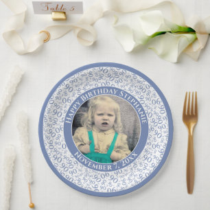 90 Your Photo Random Number Pattern Blue/White Paper Plates