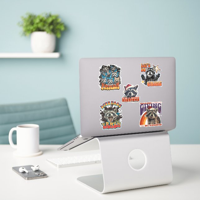 90s Bootleg Feral Raccoon Sticker Pack 1 (Laptop On Desk)
