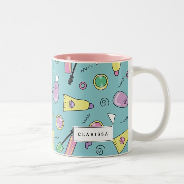 90s Cosmetics Pattern | Custom Name Two-Tone Coffee Mug (Right)