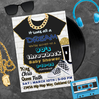 90's Hip Hop Blue and Gold Old School Baby Shower Invitation