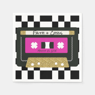 90s Hip Hop Hot Pink Gold Checkerboard Mixtape Paper Napkins