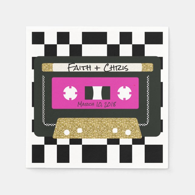 90s Hip Hop| Hot Pink|Gold Checkerboard Mixtape Paper Napkins (Front)