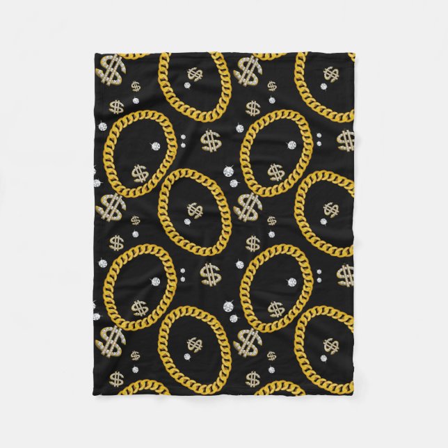  90's Hip Hop Rap Music Gold Cuban Link Chain Fleece Blanket (Front)