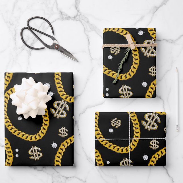  90's Hip Hop Rap Music Gold Cuban Link Chain Wrapping Paper Sheets (Front)