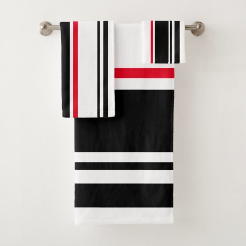 90s Inspired Black Stripe with Red Accent Modern Bath Towel Set