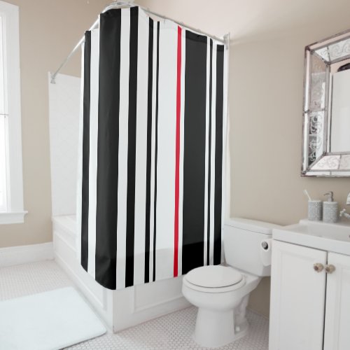 90s Inspired Black Stripe with Red Accent Modern Shower Curtain