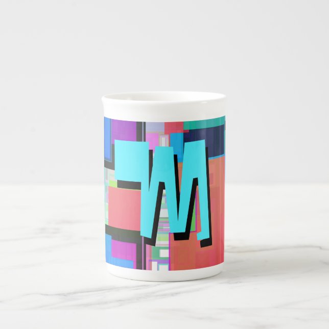 90s Inspired Colorful Geometric Monogram Bone China Mug (Front)