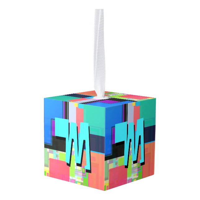 90s Inspired Colorful Geometric Monogram Cube Ornament (Back Angled)
