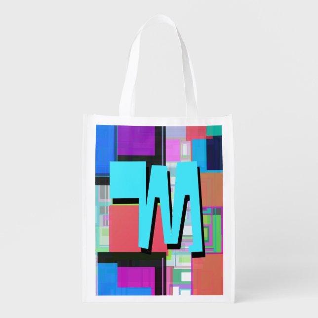 90s Inspired Colorful Geometric Monogram Reusable Grocery Bag (Front)