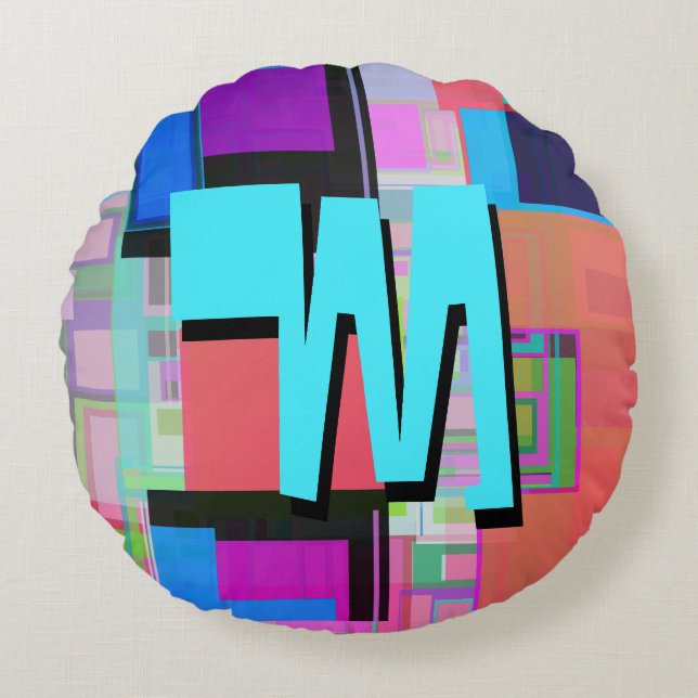 90s Inspired Colorful Geometric Monogram Round Pillow (Front)