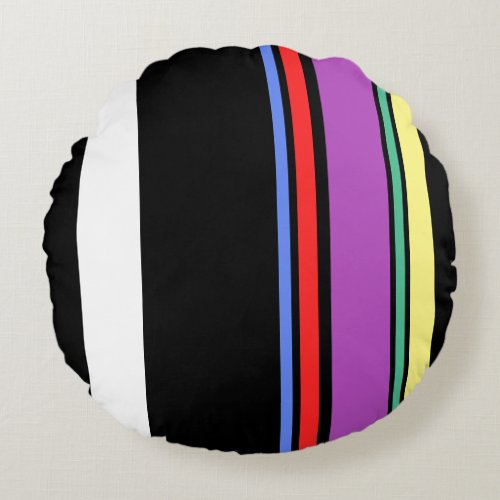 90s Inspired Multi Color Black Bold Modern Stripes Round Pillow