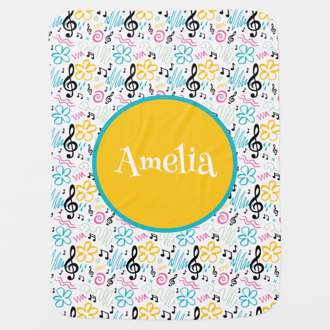 90s Inspired Personalized Baby Name Music Themed Baby Blanket (Front)