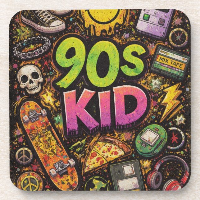 90s Kids Grunge Seamless Pattern: Pizza, Skeletons Beverage Coaster (Front)
