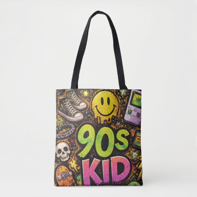90s Kids Grunge Seamless Pattern: Pizza, Skeletons Tote Bag (Front)