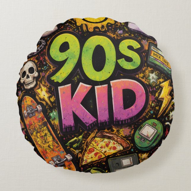 90s Kids Retro Pizza Fun Pattern Round Pillow (Front)