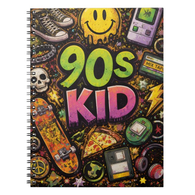 90s Kids Retro Pizza Smiley Face Flower Design Notebook (Front)