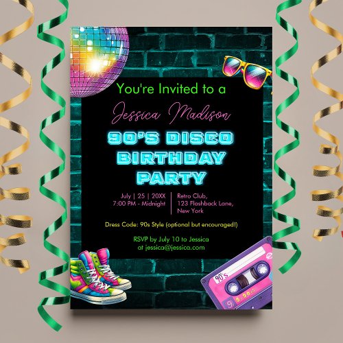  90s Neon Disco Birthday  Invitation