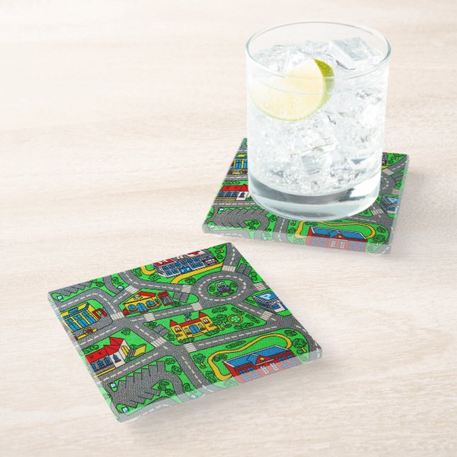 90s nostalgia, Track carpet Car Road nostalgia Glass Coaster (Angled)