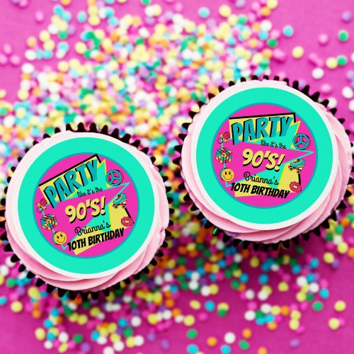 90s party retro personalized aqua cupcake toppers edible frosting rounds