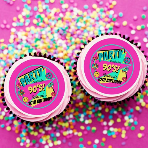 90s party retro personalized pink cupcake toppers edible frosting rounds