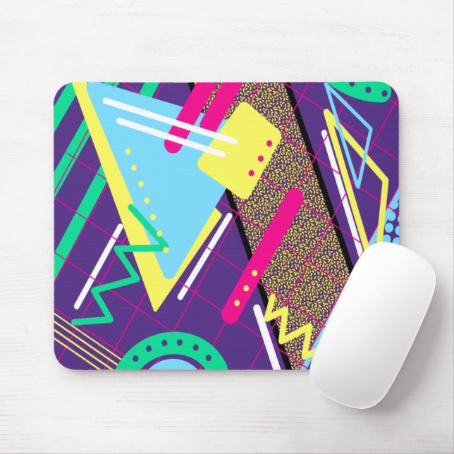 90s Pattern, Nineties Retro Yellow Purple Blue Mouse Pad (With Mouse)