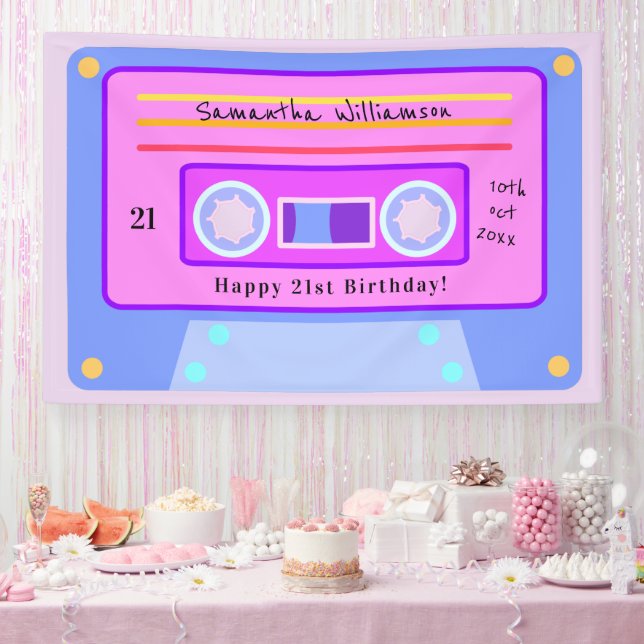 90's Pink Blue Pastel Cassette 21st Birthday Party Banner (Party)