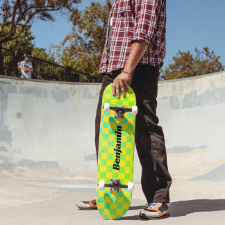 90s Retro Green and Yellow Checkerboard  Skateboard