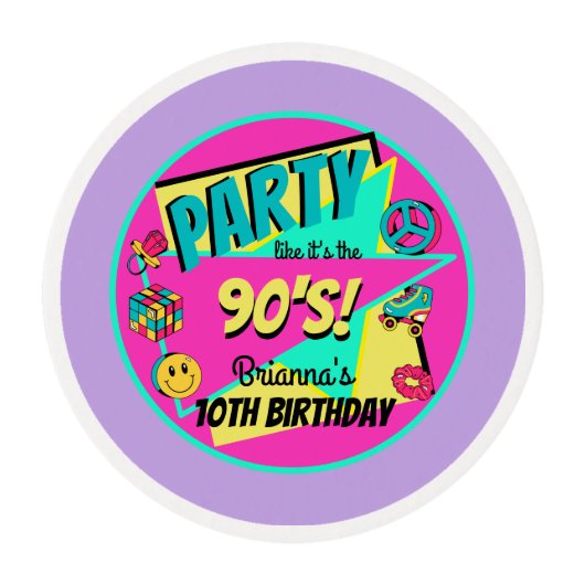 90's retro personalized purple cupcake toppers edible frosting rounds (Front)