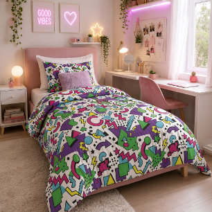 90s Retro Purple Turquoise Green Memphis Style Duvet Cover
