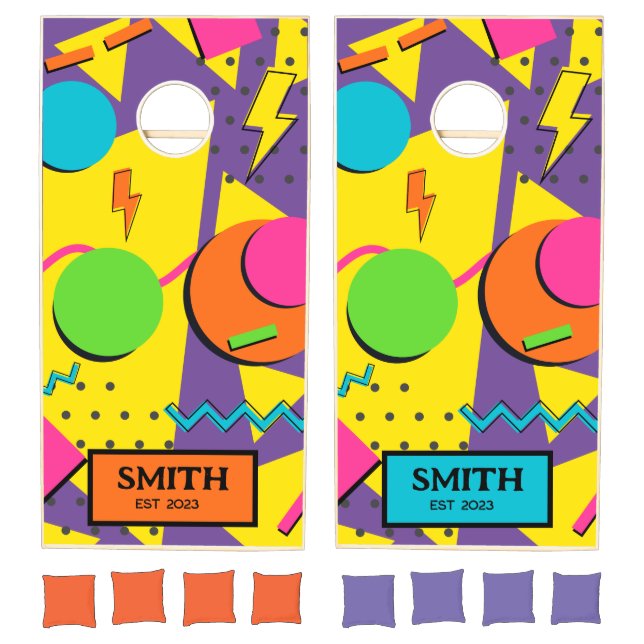 90s Shapes, Retro Personalized Family Name Cornhole Set (Set)