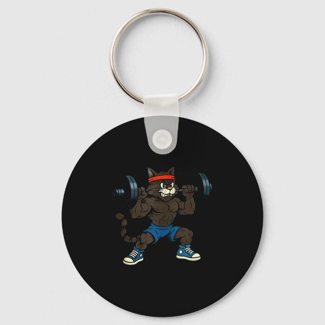 90s Style Cartoon Cat Lifting Weights Tank Top  Keychain (Front)