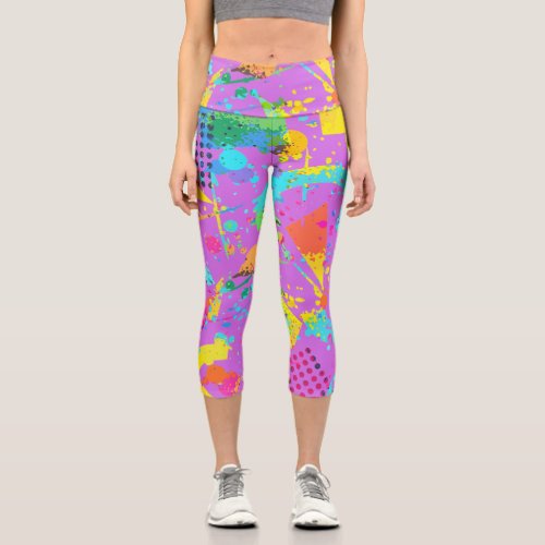 90s Style Colorful Geometric Retro Grunge Style Capri Leggings