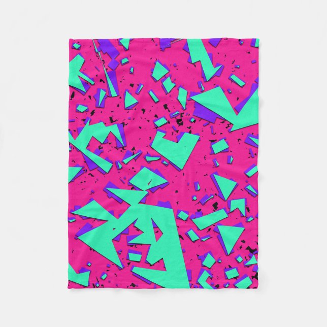 90s Teal and Pink Abstract Geometric Pattern Fleece Blanket (Front)