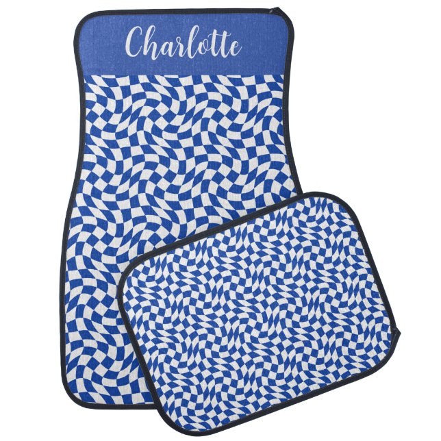 90's theme blue checkered name monogram car floor mat (Set)