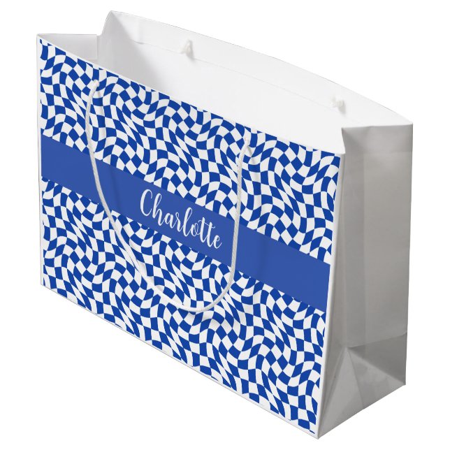 90's theme blue checkered name monogram large gift bag (Back Angled)