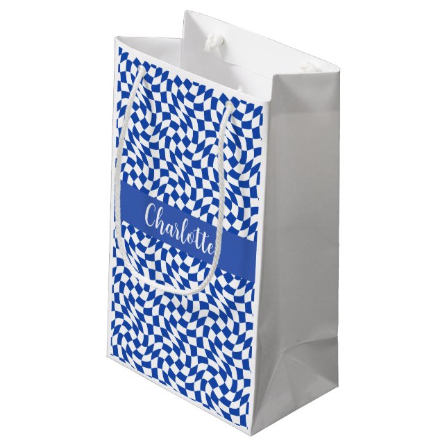 90's theme blue checkered name monogram small gift bag (Back Angled)