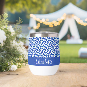 90's theme blue checkered name monogram thermal wine tumbler